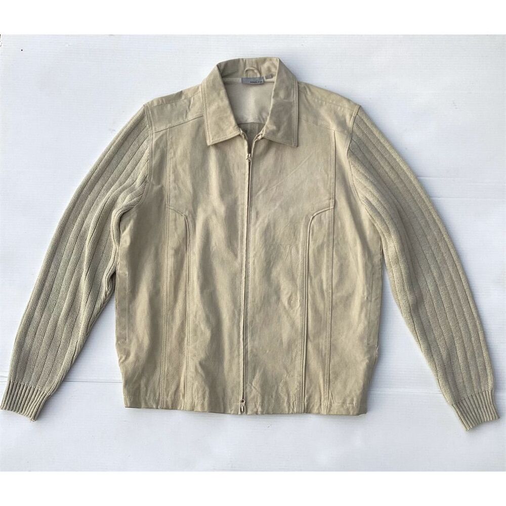 Adolfo Men's‎ XL Beige Bomber Jacket Casual Full Zip Ribbed Sleeves